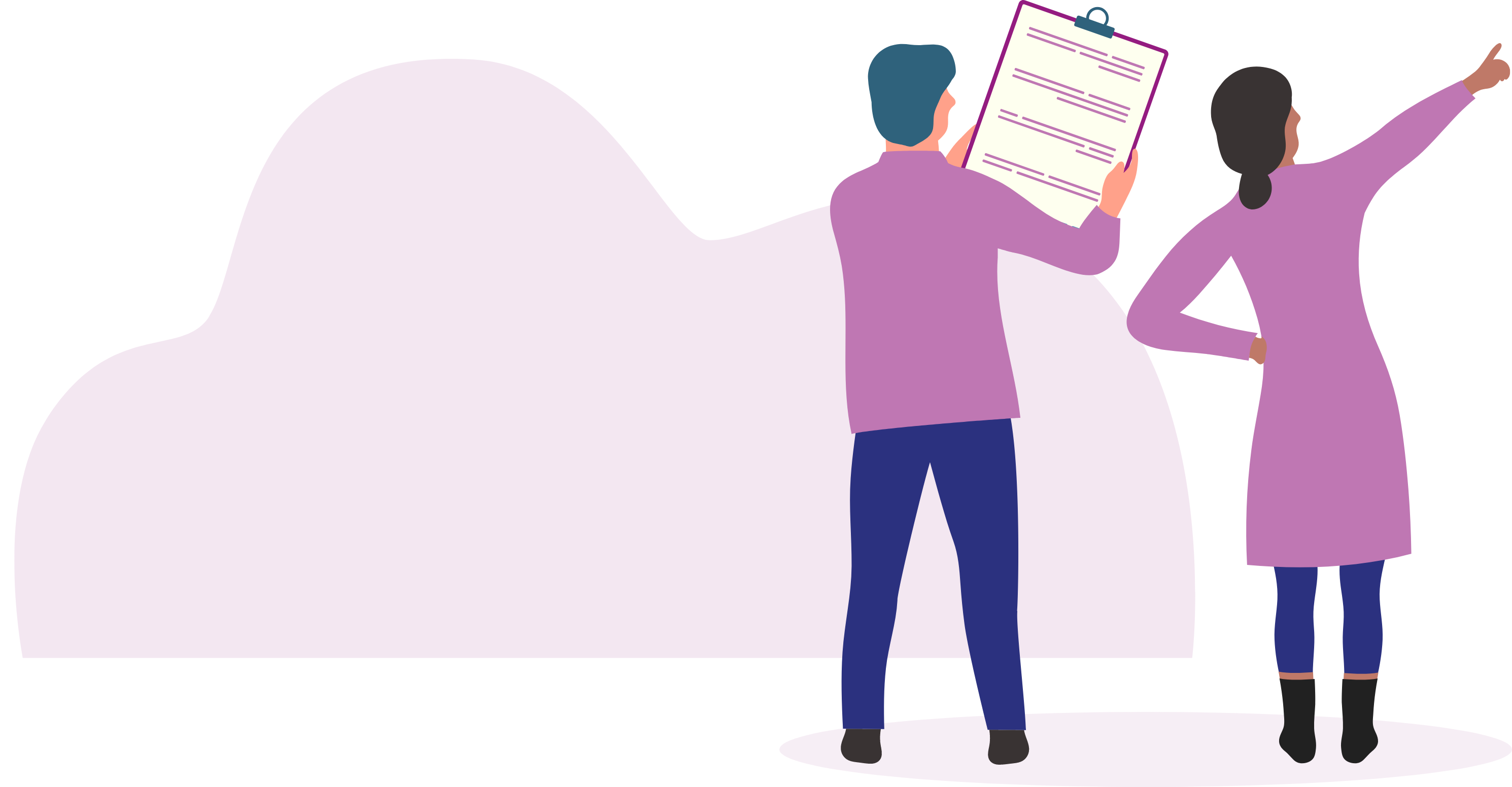 Image of two animated characters (one holding a clipboard and another pointing) representing a forward direction