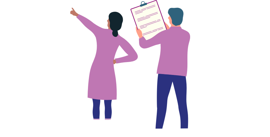 Image of two animated characters (one holding a clipboard and another pointing) representing a forward direction